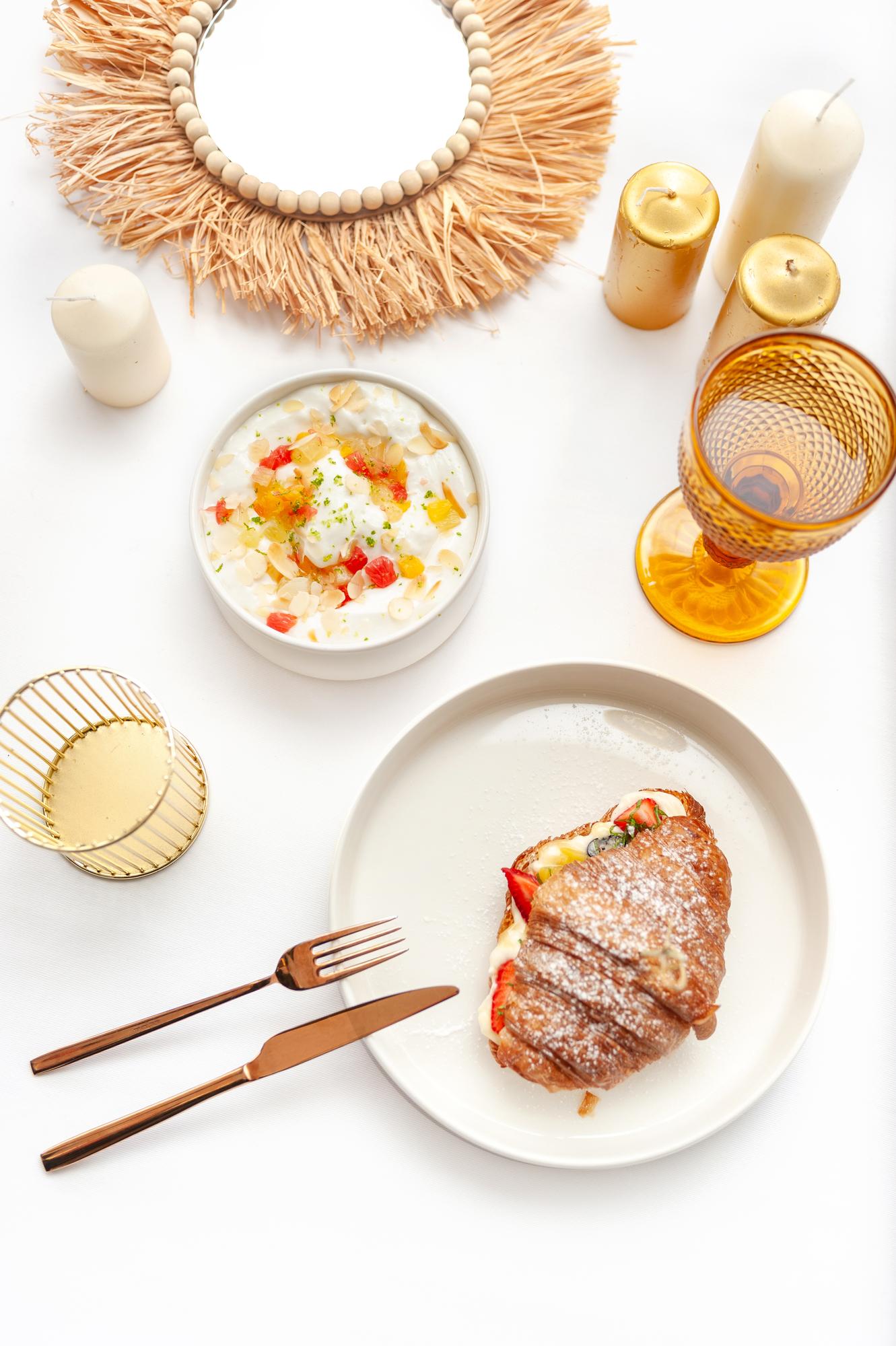 Bright plated dinner on wooden table